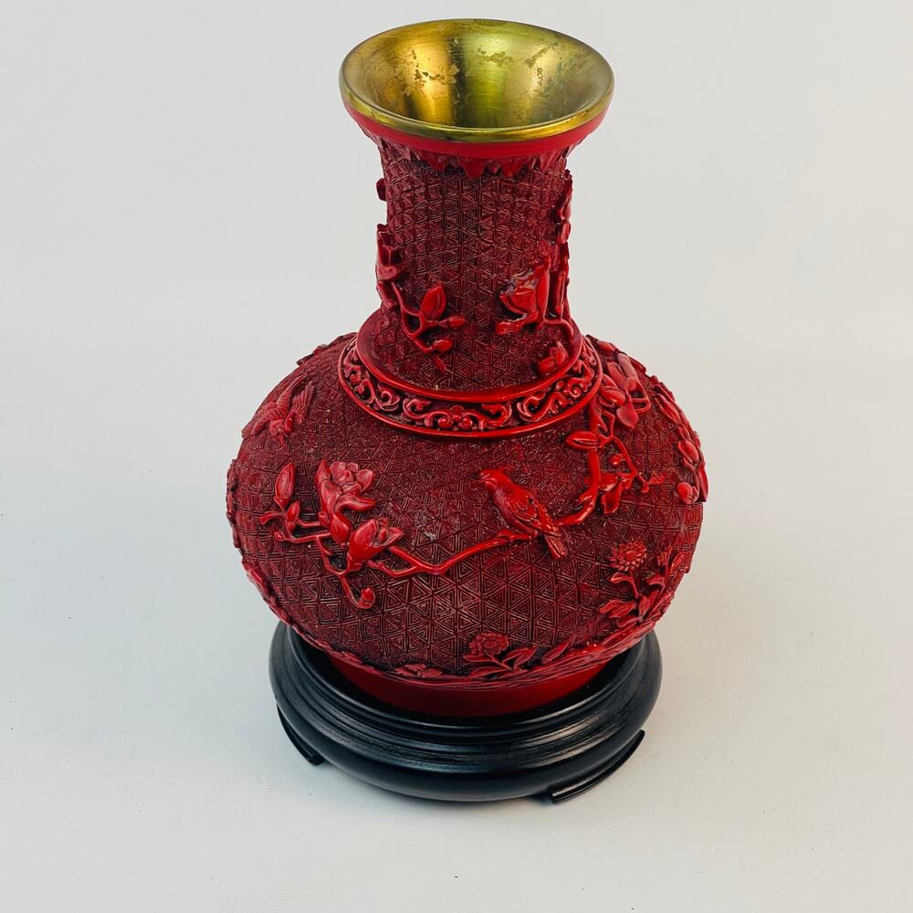 Vintage Chinese Cinnabar Laquer Red Vase on Stand